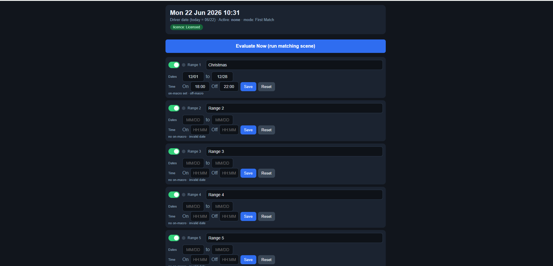 Calendar Range Trigger Web Object editor